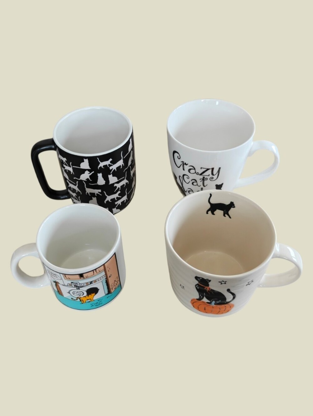 Assorted Cat Themed Ceramic Mugs - Set of 4